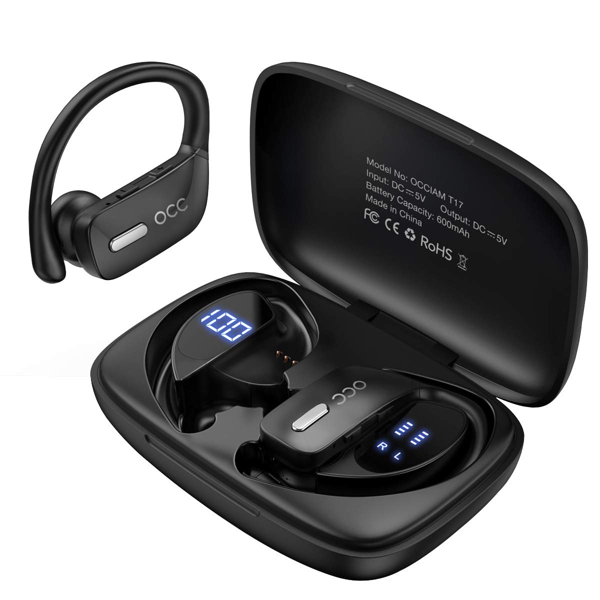 occiam Auriculares inalámbricos Auriculares Bluetooth 48H Reproducir Auriculares en el oído a prueba de agua con micrófono Pantalla LED para deportes Correr Entrenamiento Negro