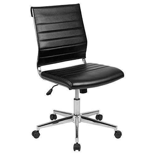 Flash Furniture Silla de oficina giratoria suave de cuero acanalado negro sin brazos con respaldo medio