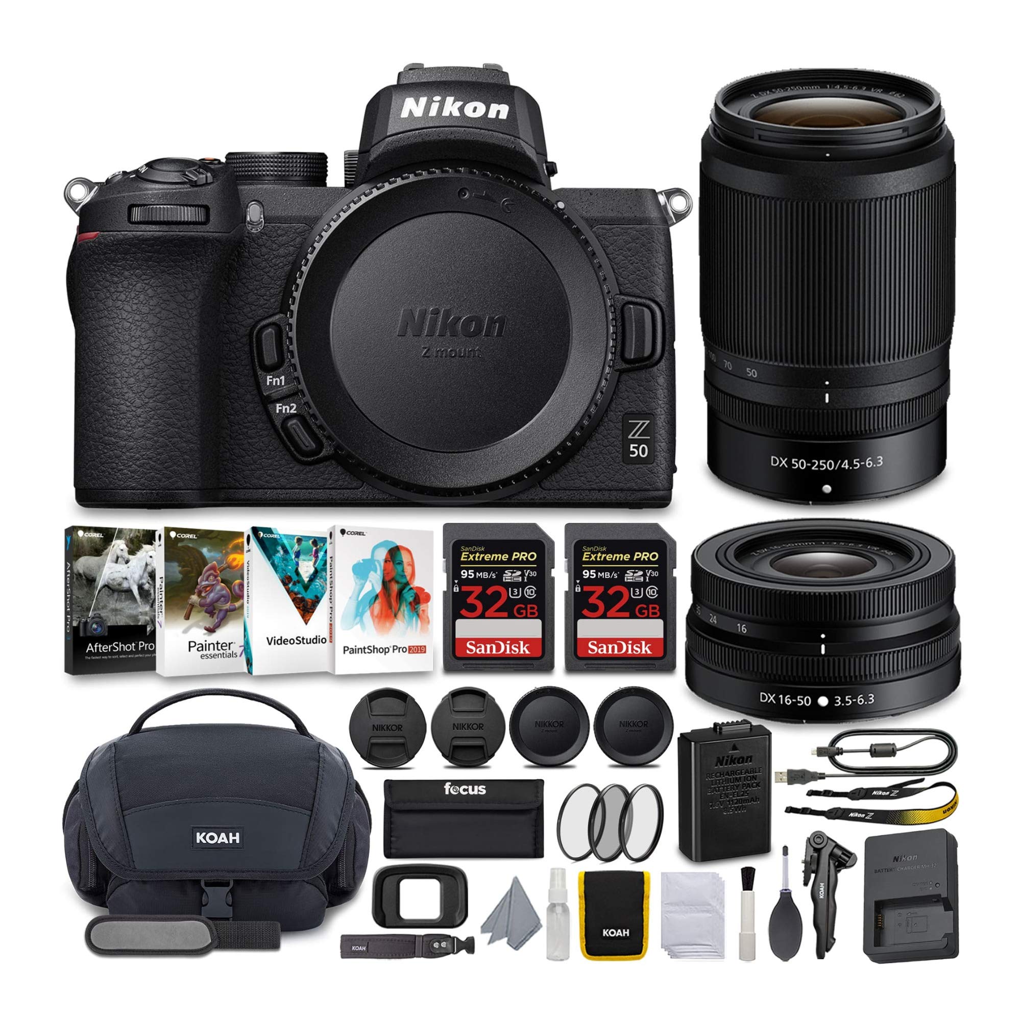 Nikon Cámara sin espejo Z50 con lentes NIKKOR Z 16-50 y 50-250 mm VR y kit de tarjeta de 64 GB con paquete de accesorios de lujo (5 artículos)