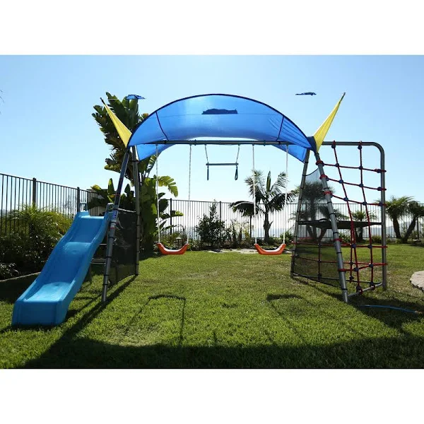 Ironkids  Juego de columpio de niebla refrescante Challenge 300 con escalada de cuerda y parasol de protección UV ampliado - Sistema de juegos